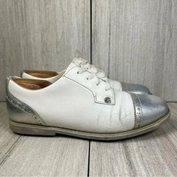 G/Fore G4 Gallivanter Cap Toe Leather Gold Sneaker Cleat Shoe Womens Size 9.5 - Picture 1 of 10